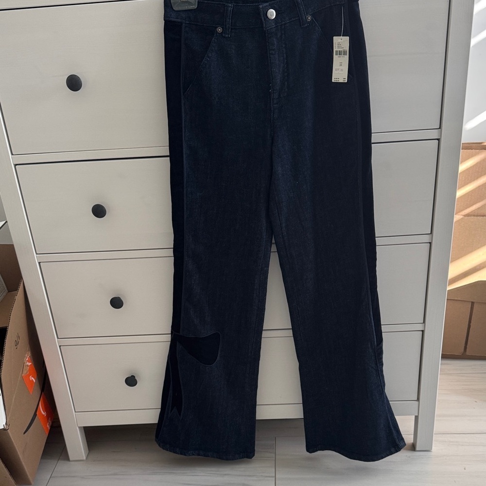 Anthropologie Dark Denim Wide Leg Statement Pants with Velvet Bow Detail Size 29